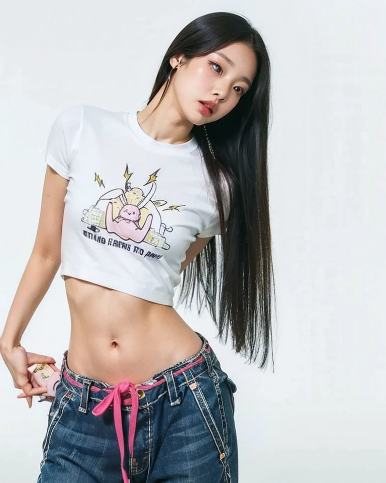 Araffe girl with long hair wearing a white shirt and jeans, thin girl photo model, jennie pink black, parque roseanne de blackpink, korean women's fashion model, jossi de blackpink, with short torn t-shirt, thin girl photo, gongbi, heonhwa choe, wearing short blouses, camisa y jeans kawaii
