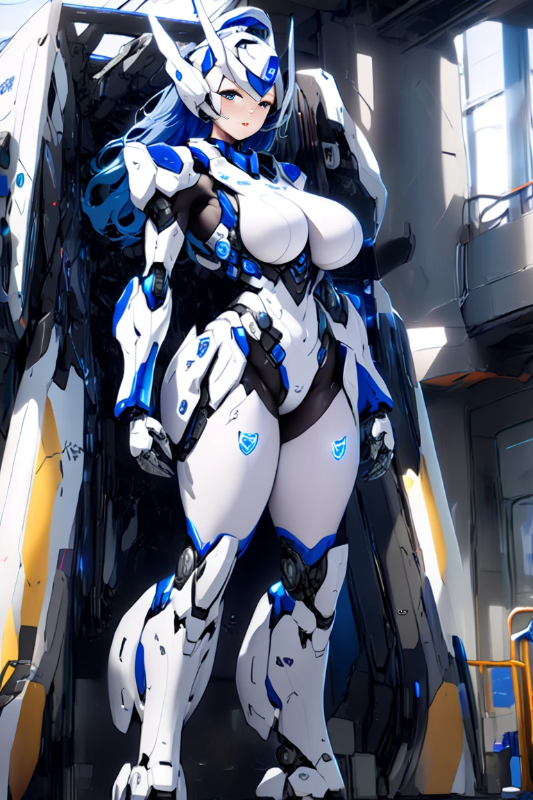 (Woman with complex white short hair, big breasts, mecha joints mixed with silver and gold and wing radiation, every part of the body has gems embedded in the mecha metal, Calm and dignified, Standing on the clouds), High resolution, Highly detailed, Realistic,  Bright colors, Bokeh, Studio lighting.