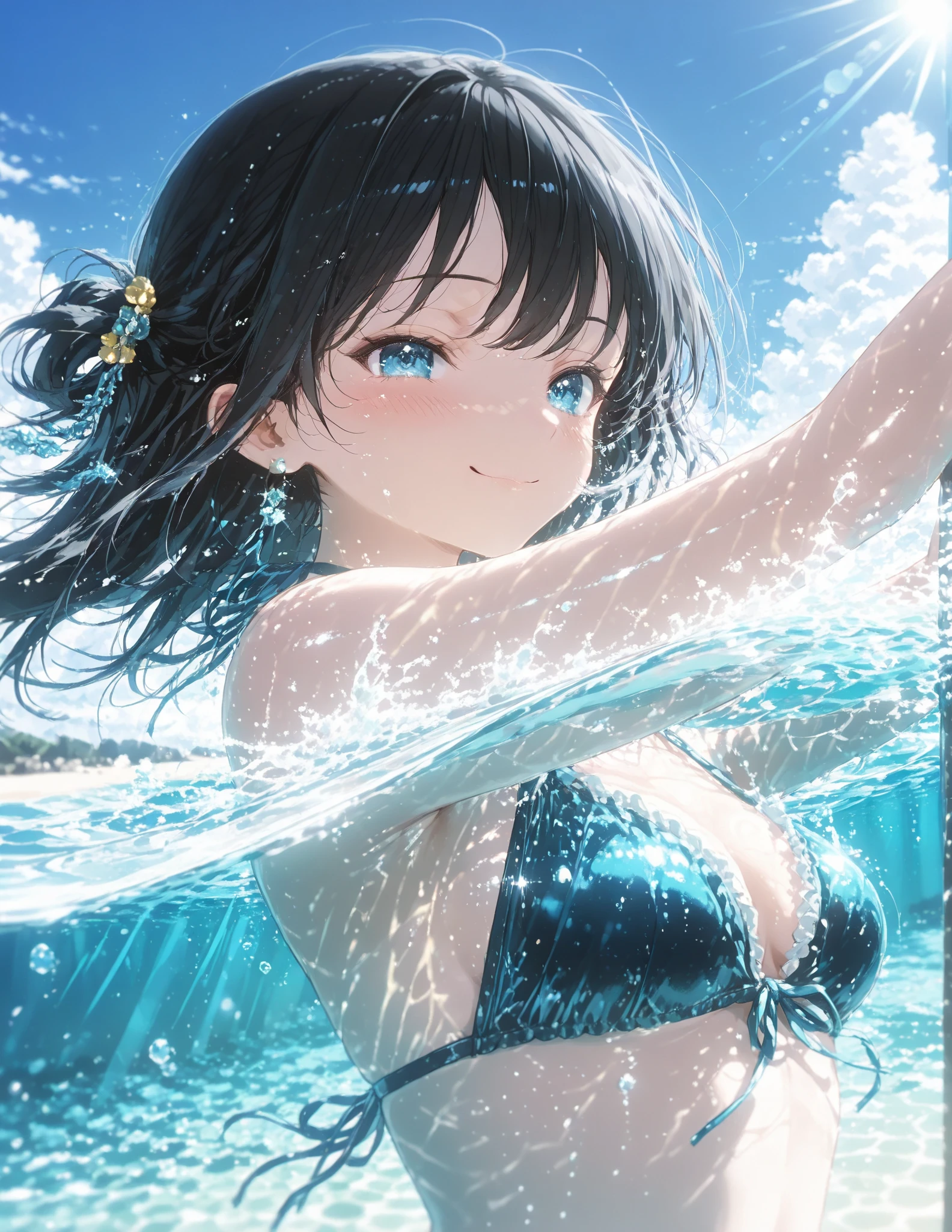 (watercolor:0.4), (sketches:0.4), (pastel:0.4), intricate, extremely detailed, 8k cg wallpaper, stunning art, absurdres, very detailed, 1girl, 18yo, very cute face, black hair, short bob hair, straight hair, light blue eyes, (large breasts:0.8), smile, open mouth, frilly cute bikini, bent over, open hands for viewer, (splash sparkles water:1.2), (sunbeam lit:1.3), cinematic angle, feet in the sea, background is perfect horizon,