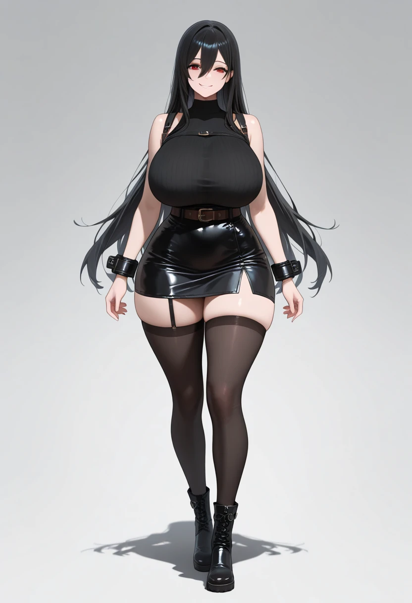 Blank background,stand posture,Solo,gigantic cleavage breasts,Black hair,Black colored eyes,The barefoot,Sports bra,Latex bra,Latex tong,Latex knee pads,Latex elbow pads
