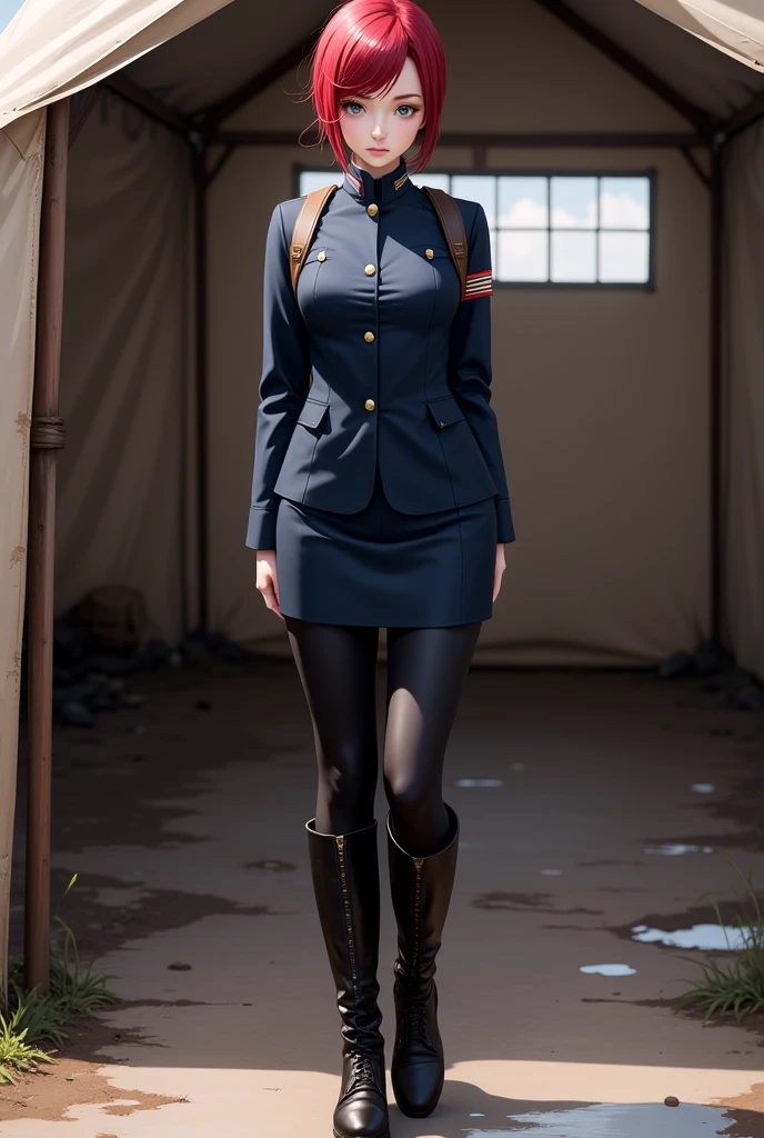 1girl,(coral colored hair),very short hair,pixie cut,NRA1926,French helmet,light blue uniform,leg_wrap,black long boots,pants,happy,facing viewer,(outdoors,standing outside concrete building,brutalism), <lora:NRAuniformv1:0.8>, <lora:LORA-XenoDetailer-v2:0.1>