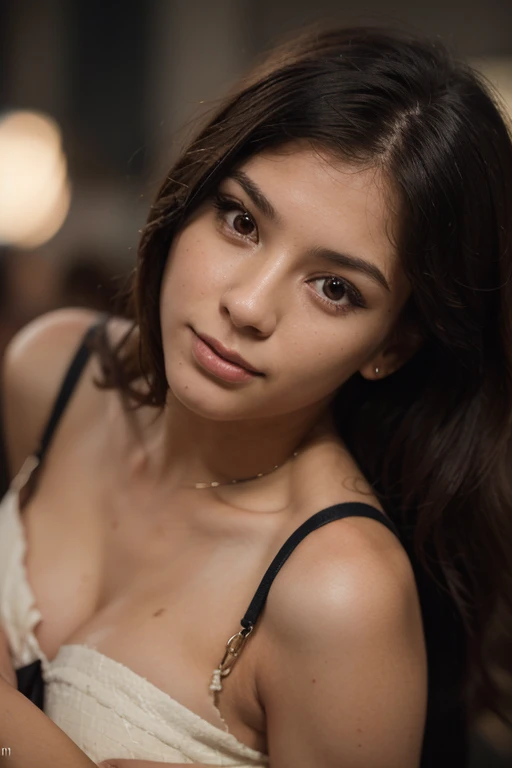 (selfie: 1.4), (straight half of the body: 1.4), RAW UHD portrait photo of a 24-year-old, brown hair (brown-eyed woman), in a bar, large cleavage, wearing sexy dress, (neckline), details (textures! , hair! , glitter, color!! , disadvantages: 1.1), glossy eyes with high detail (looking at the camera), SLR lighting, SLR camera, ultra-quality, sharpness, depth of field, film grain (center), Fujifilm XT3, crystal clear, frame center, beautiful face, sharp focus, neon lighting, bokeh (dimly lit), night, detailed skin pores, oily skin, sunburn, complex eye details, full body, beautiful face, slim face