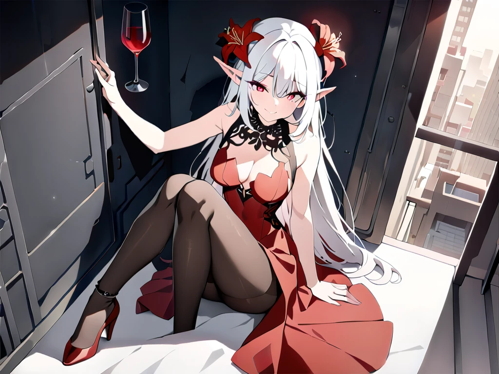 ((Hi res, HDR, HD, 4K, 8k)), 1 girl, seated looking up, beautiful mature woman , extremely very very long hair over body, lovely smile, glowing green eyes, big iris, red lipstick, make up red eyeshadow and black eyeliner, long eyelashes, perfect face, perfect hands, perfect arms, pointy ears, bar background, white hair, long red dress