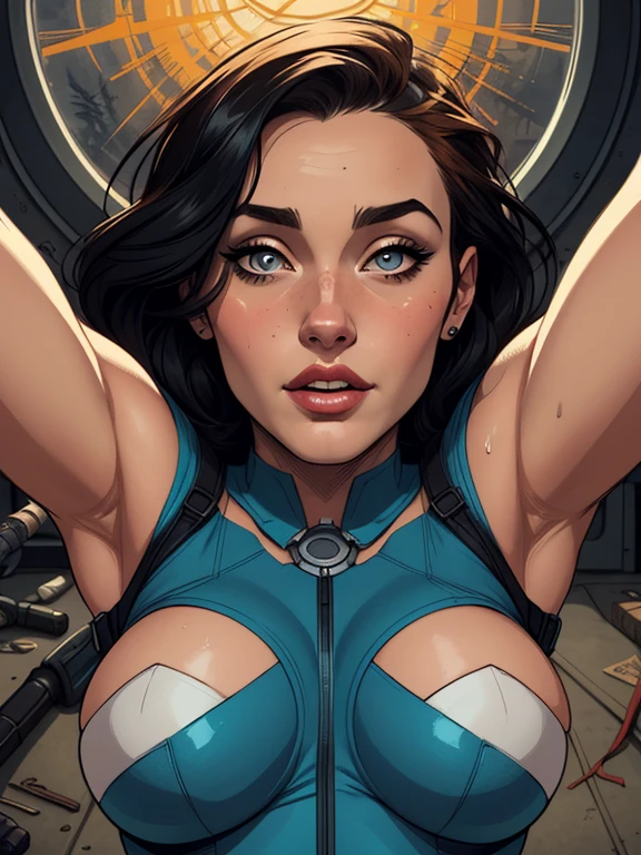 a masterpiece, best quality, woman wearing a crop top, druuna, big , dark blue eyes, white crop top, red thong, full lips, cleavage, best quality, aroused, ((on all fours)), prone, (paolo serpieri art:1.3), milo manara art, bernie wrightson art, (frank franzetta art:0.8), spaceship background