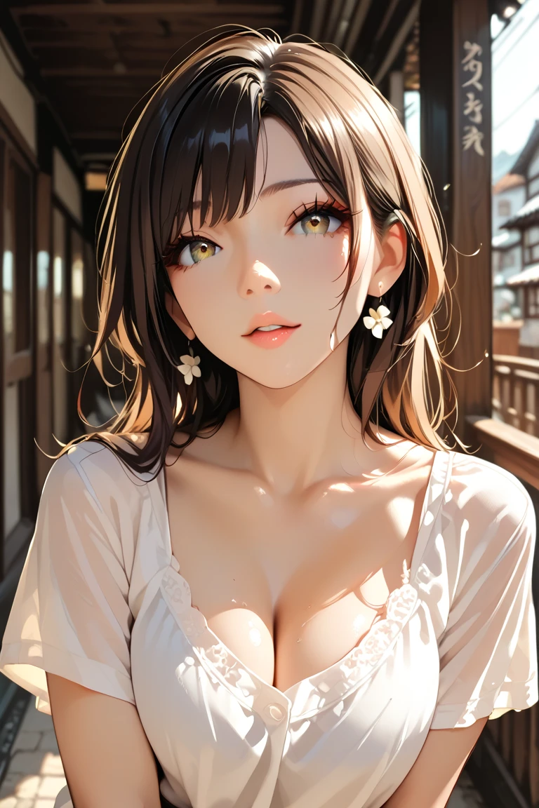 (Random Location), (Movie-like scene,Best image quality,(8k), Ultra-realistic, 最high quality, high quality, High resolution, high quality texture, Attention to detail, beautiful, detailed, Extremely detailed CG, Detailed texture, Realistic facial expressions, masterpiece, in front, dynamic, bold), ((round face:1.4)), (bangs:1.3), (Casual Fashion)