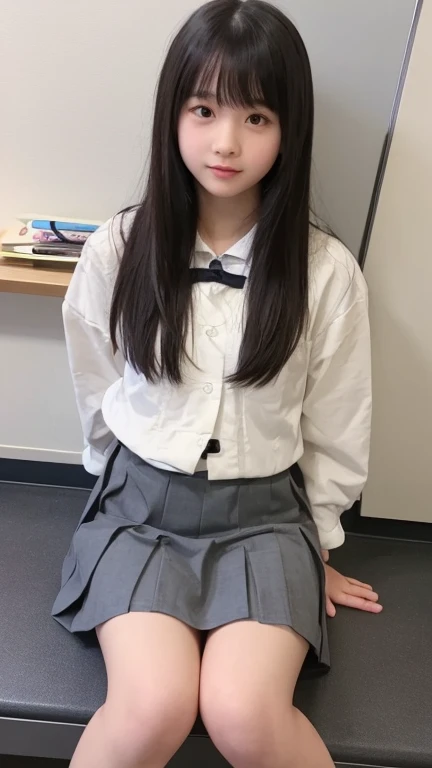 Photo of a beautiful Japanese 13 years old woman sitting on chair in class room,,after school,spread  legs ,Lift up your skirt and show your panties,