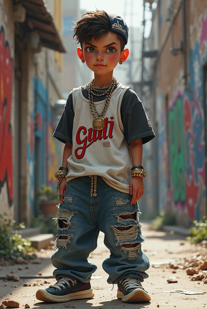 Little boy wearing snapback hat , and gold hip hop chain with pendant "84", pose ,hyper realist, colors of brazil in the favela