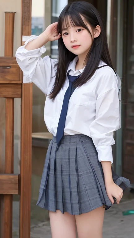 S: 135mm f1.8, (highest quality),(RAW Photos), (standing), (Beautiful 13 year old Japanese girl), Cute Face, (Deeply chiseled face:0.7), (freckles:0.4), Dramatic lighting, (school uniform), simple background,white background, shy, (fuul body), (smile),, (Sparkling eyes)、
,diagonal bangs,(slim)