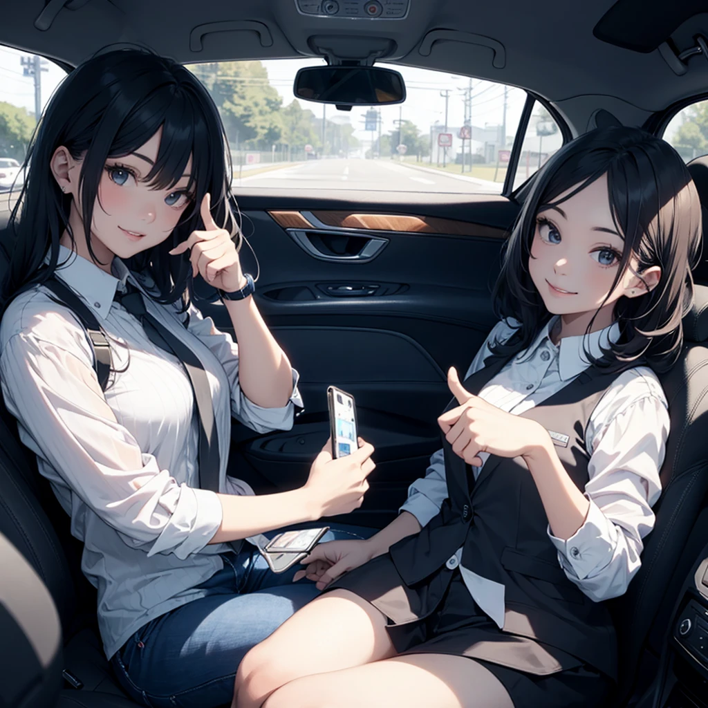 k hd,style of anime,schoolgirls,25 age old,Cold,cabelos preto e longos,dressed in a suit,playing with mobile phone,In the car