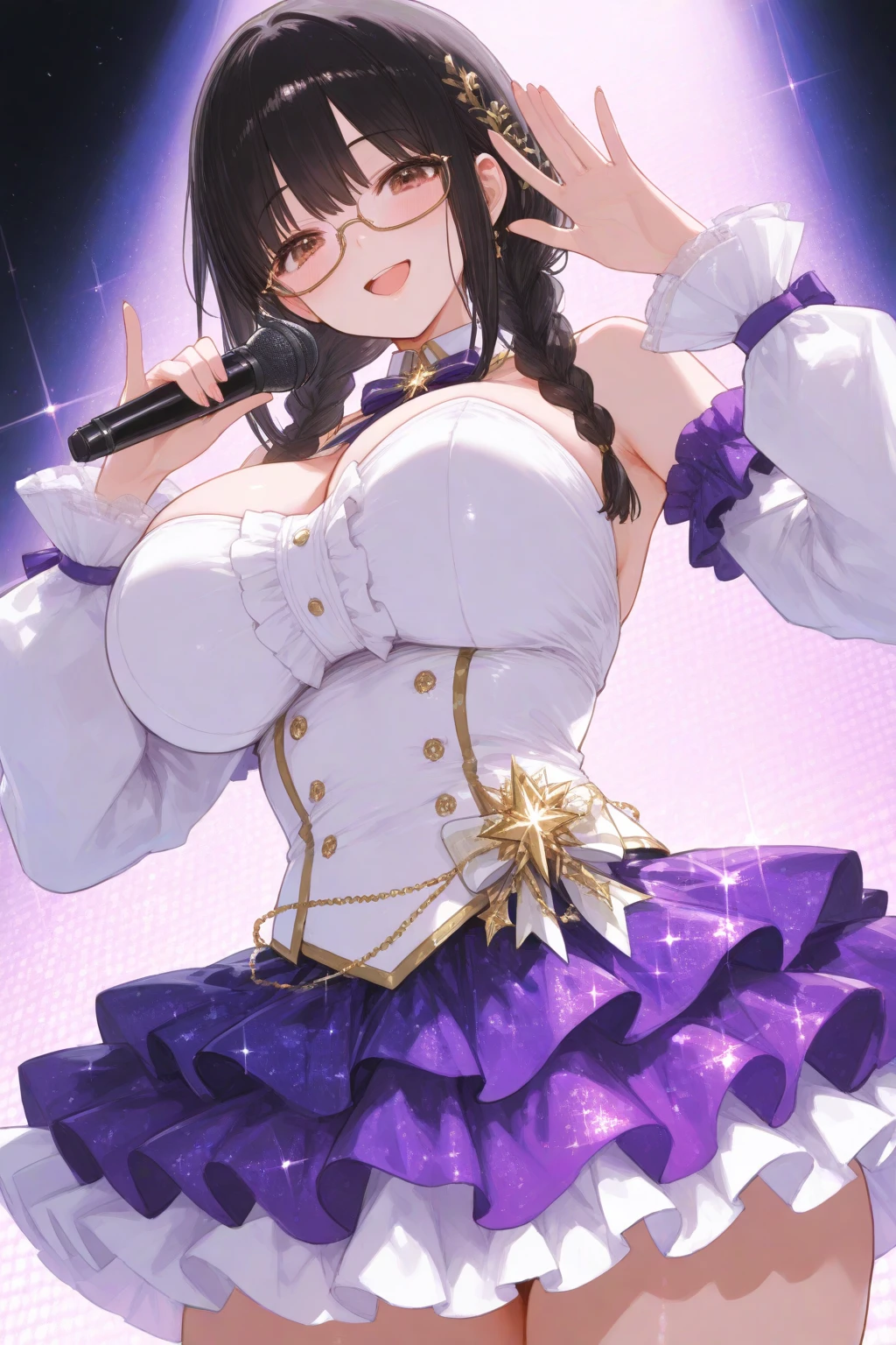 highest quality、Female 1,22 years old,All limbs、Full Finger、Perfect limbs、Slender beauty、short hair、Black Hair、Purple Eyes,Pink Cheeks,White and purple idol costume、Dark purple panties、Knee-high socks、Beautiful big breasts、Exposed thighs,Live Stage、sing、Dancing、(Provocative smile),The white spotlight shines on her.