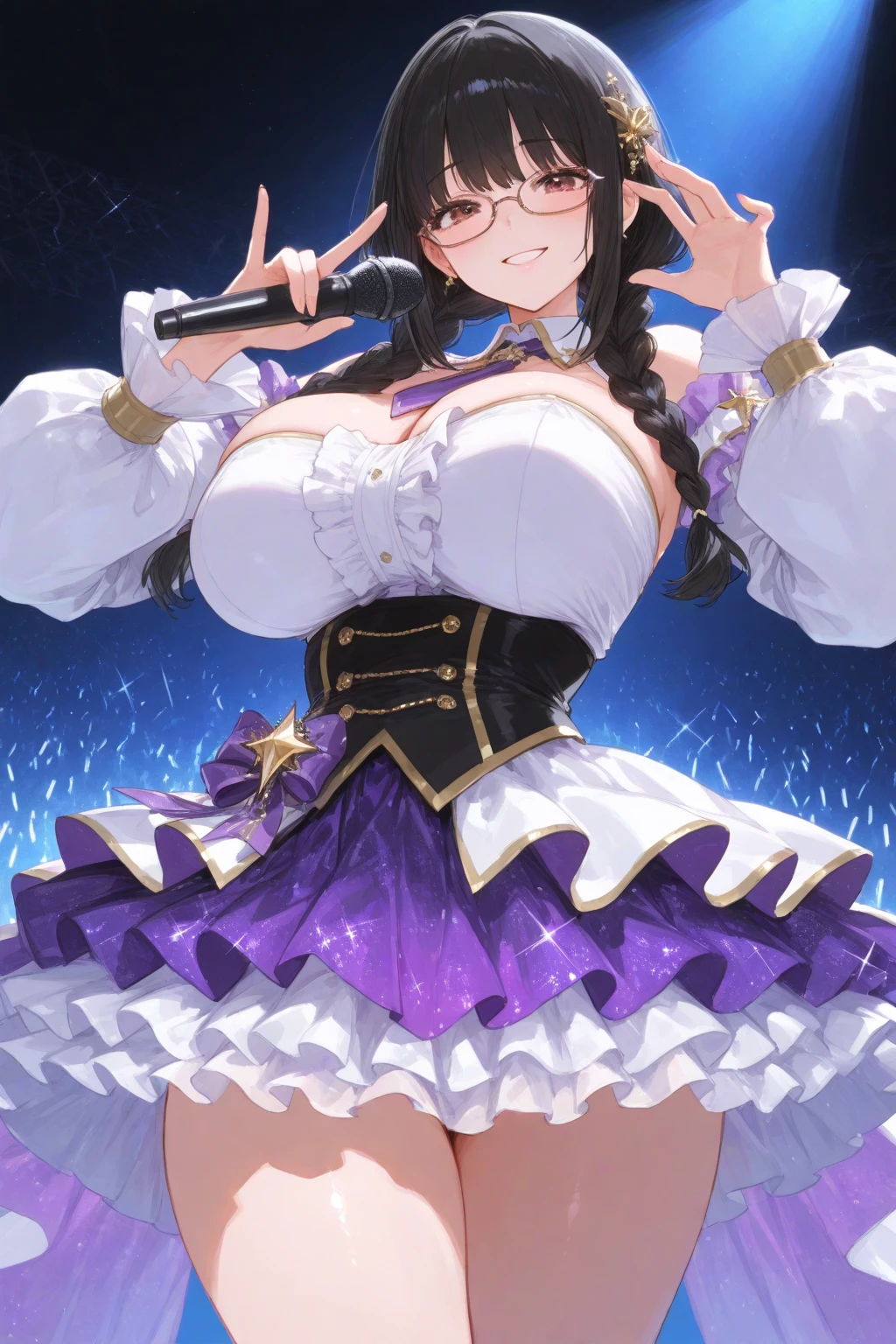 (best quality), (very aesthetic), (ultra-detailed), (best (best quality), (very aesthetic), (ultra-detailed), (best illustration),
(((one women))),(((black hair))),(((long hair))),(((high ponytail))),(((forehead))),(((blue eyes))),(((beautiful face))),(((huge breasts:1.8))),
BREAK,(((magical girl purple outfit,frill mini skirt:1.3)))
BREAK,(((seductive smile))),
BREAK,(((model posing))),(arm,behind back),
BREAK,(((On the stage at a music festival))),
BREAK, (((Angle from below)))