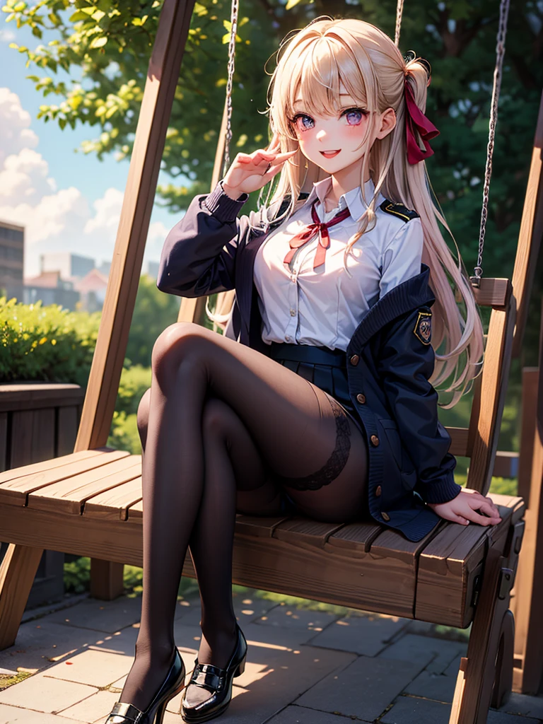 Top quality, masterpiece, High resolution, (Head to toe full body), front, frontやや下からの構図, Symmetric, Tall 18 year old girl, alone, (Head to toe), (Small breasts), bangs, (black tights), (Black Pantyhose), (Sit with your legs apart), (Crouching pose), (A composition showing white panties), (Her legs were spread、I see your white pants.), (I was made to sit on the floor with my legs spread..), (M-shaped legs), Thin legs, A very beautiful and tall 18 year old girl, (No shoes), blush, Shy big eyes, looking at the camera, Blazer Uniform, Checkered Pleated Skirt