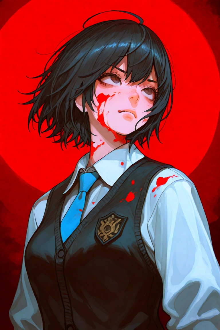 Woman wearing red Victorian-era dress, holding a blade, her face stained with blood, with tears streaming down her face, black hair