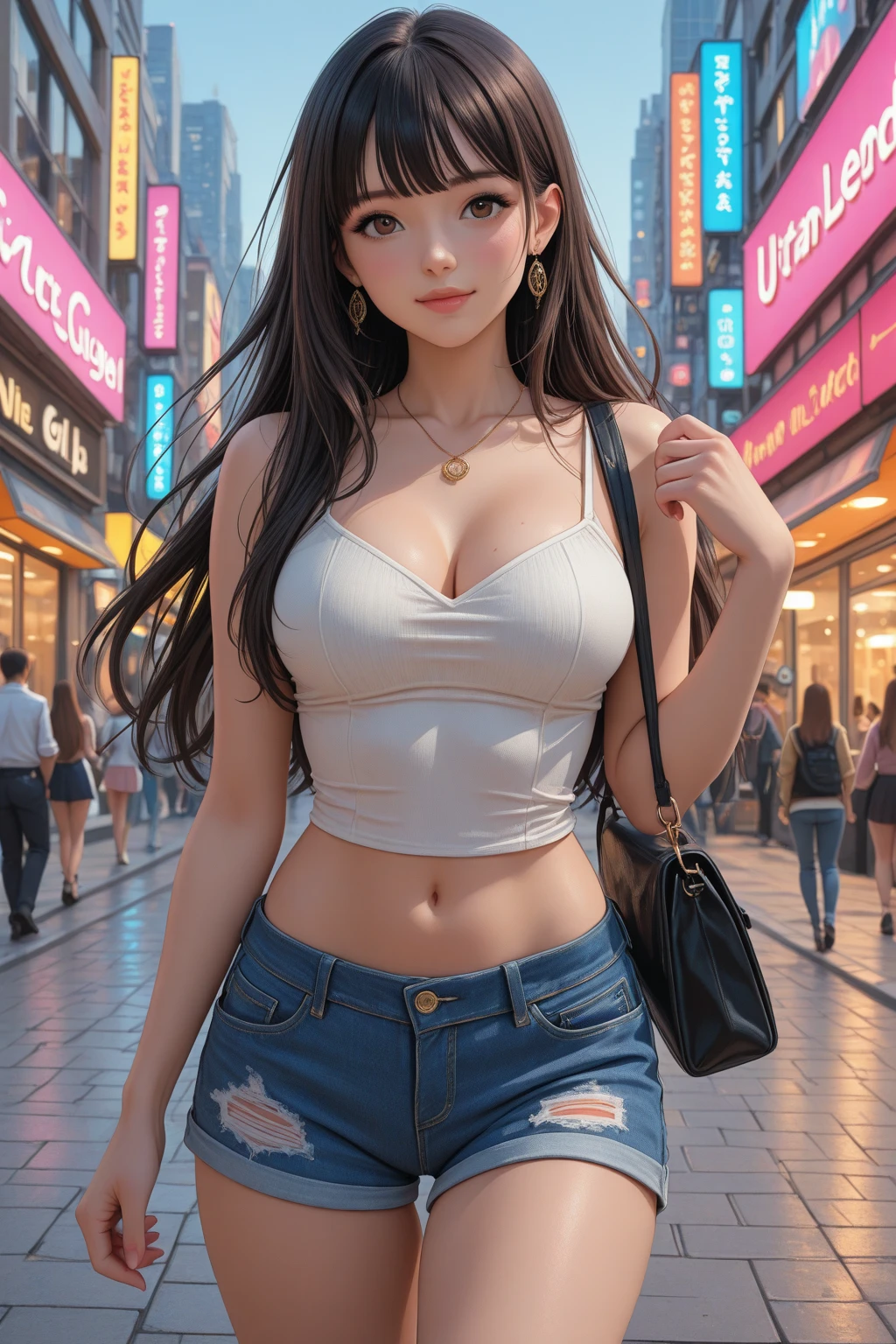 A beautiful Asian Chinese professional woman, (masterpiece: 1.4), (8k, realistic, RAW photo, best quality: 1.4), (1 girl), beautiful face, face close-up, charming goose egg face, (realistic face: 1.4), (detailed face: 1.4), exquisite and perfect facial features, wearing accessories, smile, (black smooth hair: 1.3), collarbone, light makeup, charming big eyes, (double eyelids: 1.3), hooked eyes, looking at the camera, (32G transparent cup: 1.4), (realistic skin: 1.3), smooth skin, super high resolution, super realistic, (golden ratio: 1.4), soft curved shape, highest precision, slightly chubby body, precise and perfect human body structure, sexy body, (hips: 1.3), realistic, (wearing a transparent shirt, white silk scarf, jeans and shorts: 1.4), casually walking on the street, (full body photo), --auto --s2