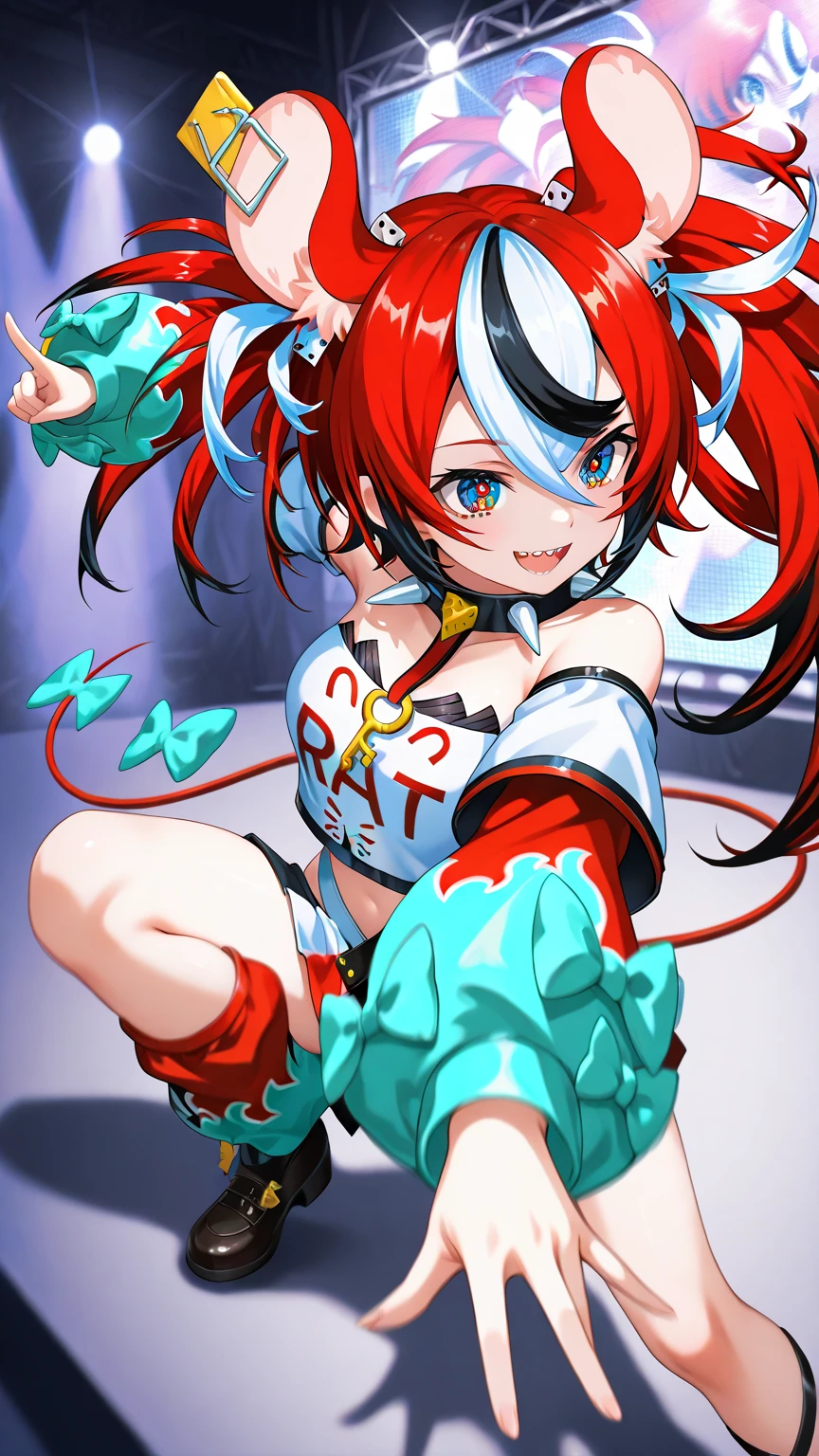 masterpiece, Super detailed, 8K, Full Body Shot,Red and blue twintails,Cute girl, A revealing clown outfit,Pupils dilate, Insanity, Insanityに笑う, Dark aura,