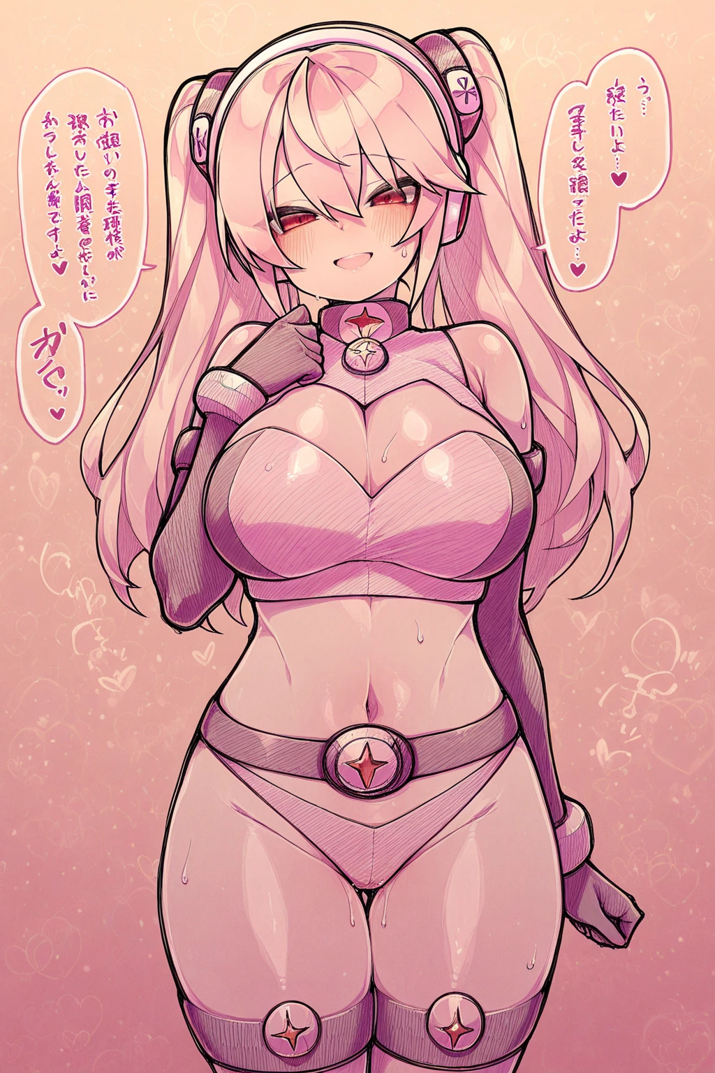 1girl, large breasts, thick thighs, wide hips, smile, dark body, dark skin, yellow eyes, (red hair), red hair, long hair, belt, arm strap, bodysuit, white bodysuit, cleavage cutout, cutout, underboob cutout, white clothes, white gloves, pants, smirk, smug, fire, glowing eyes, night