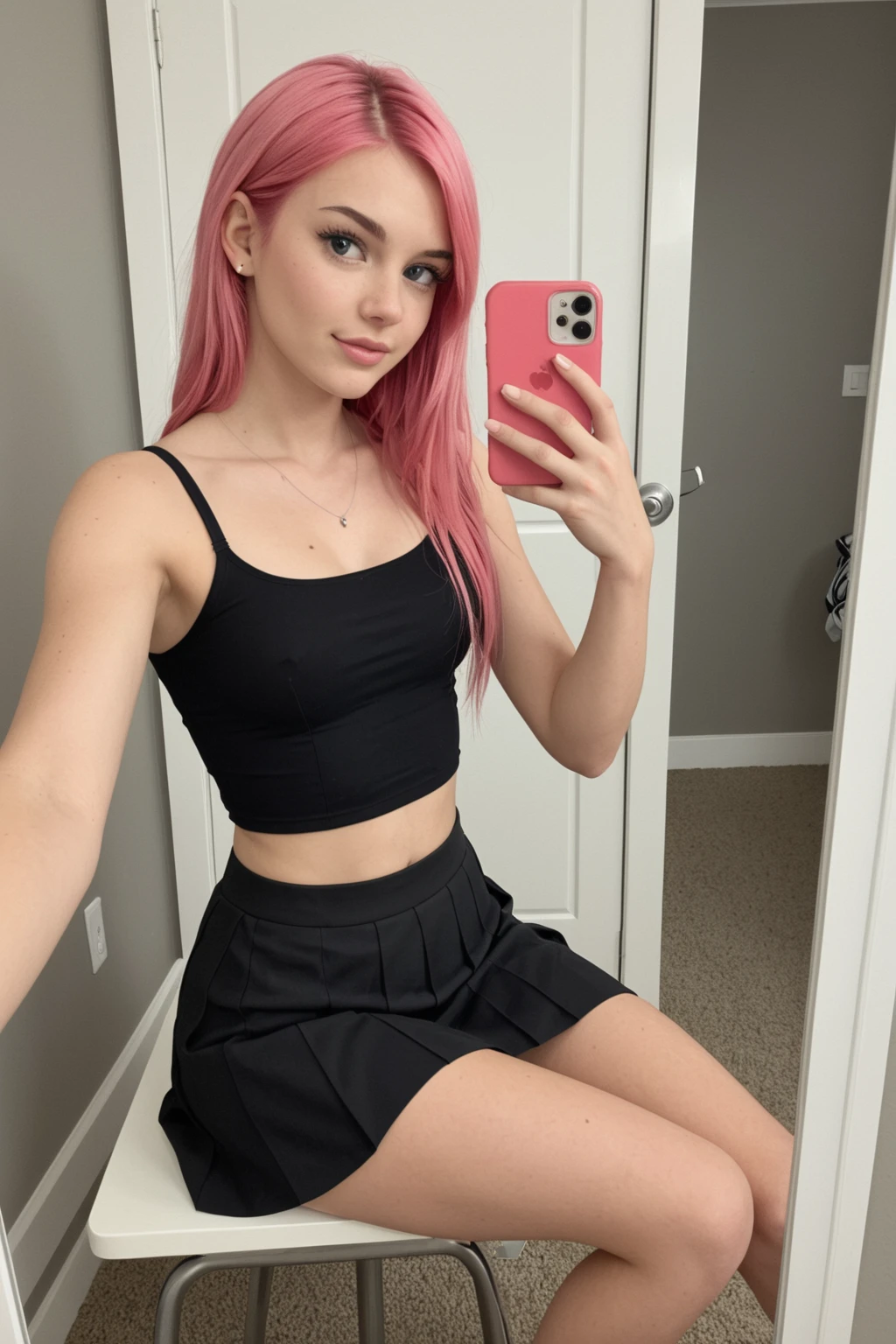 girl 21 years old, short shoulder-length hair, pink hair color, taking a selfie, handheld perspective, wearing a short black skirt, white T-shirt, leaning on a table,room in the background