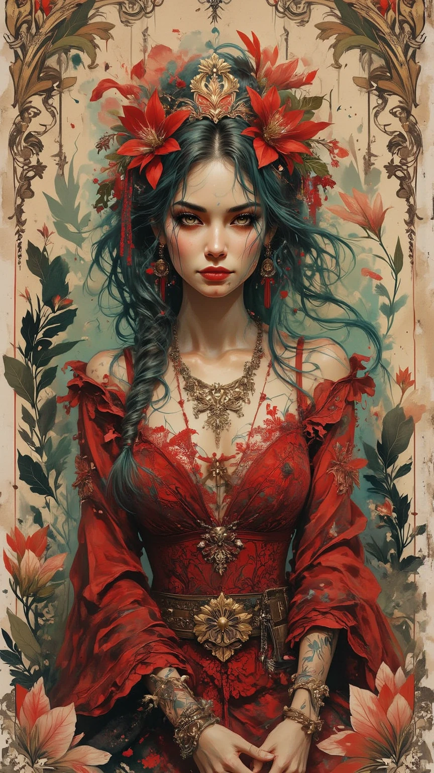 Imagine that the skin of this creature girl looks like it was made of a fishing net, with leaves and flowers growing on her body. Digital Epic Fantasy, Symmetrical Concept Art, Sinister Fantasy Illustration, Symmetrical Epic Fantasy Art, Epic Fantasy Science Fiction Illustration, Epic Fantasy Art Style, Epic Anime Art, Symmetrical Fantasy RPG Portrait, Anton Fadeev and Dan Mumford, (Masterpiece, Top Quality, Best Quality, Official Art, Beauty and Aesthetics: 1.2), Extreme Detail, (Fractal Art: 1.3), Colorful, Most Detailed, Full Body Pose, Cute Surrealist Photo, 8 K, Octane Beautifully Rendered, Very detailed, intricate, epic composition, cinematic lighting, masterpiece, art station trend, very, very detailed, stunning, HDR, smooth, sharp focus, high resolution, award-winning, award-winning photo, DSLR, 5 0 mm