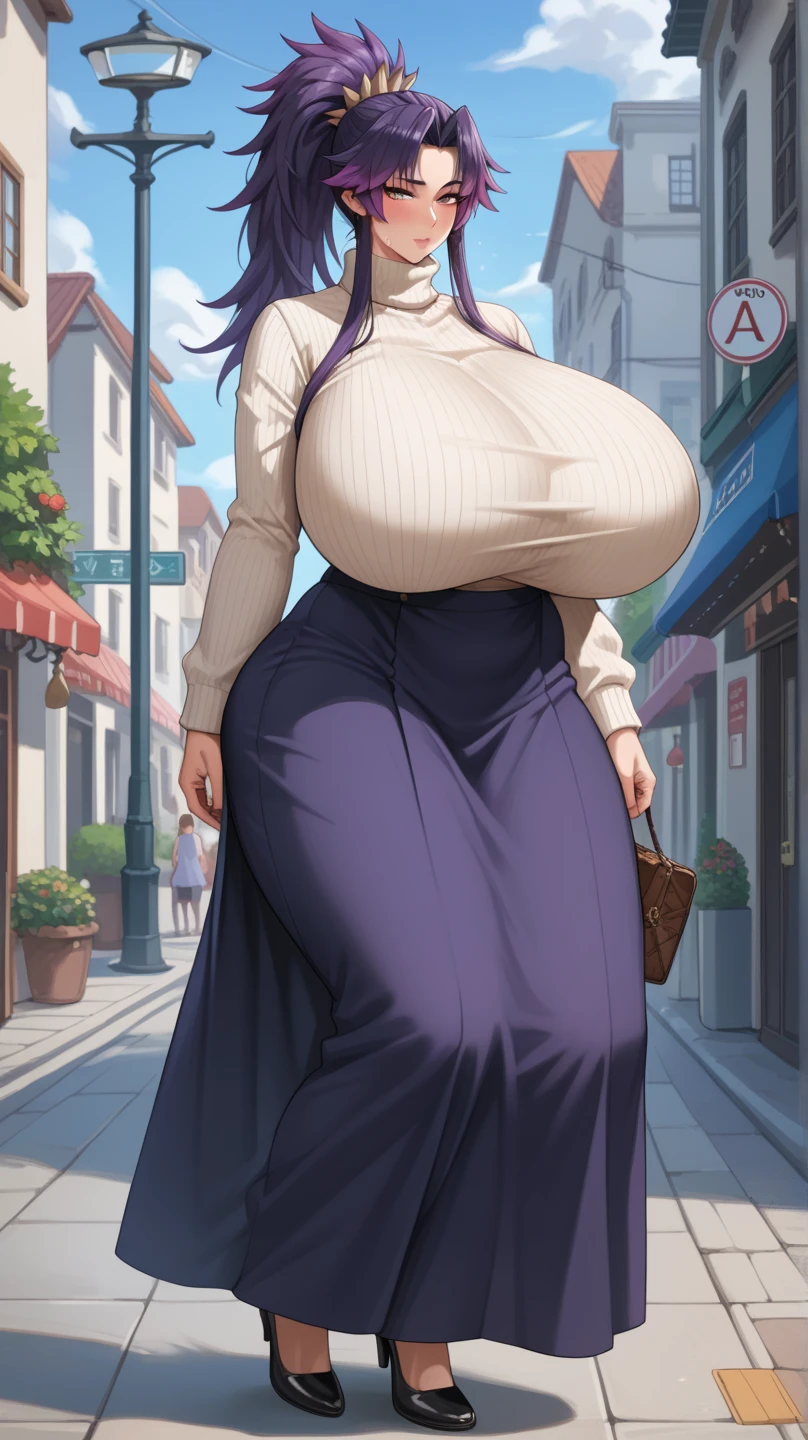 pregnant woman, older, in their 30s, with short purple hair and a tall, curvy body, vista sideways, sideways, breasts big, (work of art, best qualityer:1.2) wearing the legendary great black dress of the mystical sorceress, Big witch hat, breasts big gestante, clothes covering the whole body, detailed mysterious look