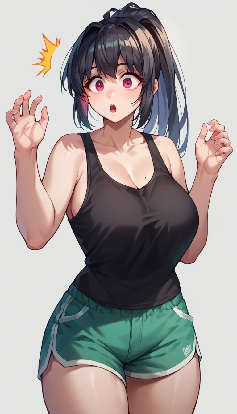 My name is Yukiko.I am a white test woman with long light blue  hair,red eye color.I am 1.62 cm tall . My breasts measure 200 cm, my waist 40 cm and my hips 200 cm.Dressed in a black and pink sports bra, along with a short pink panties and her hair tied in a ponytail with a bang.  . With huge 200 cm breasts 