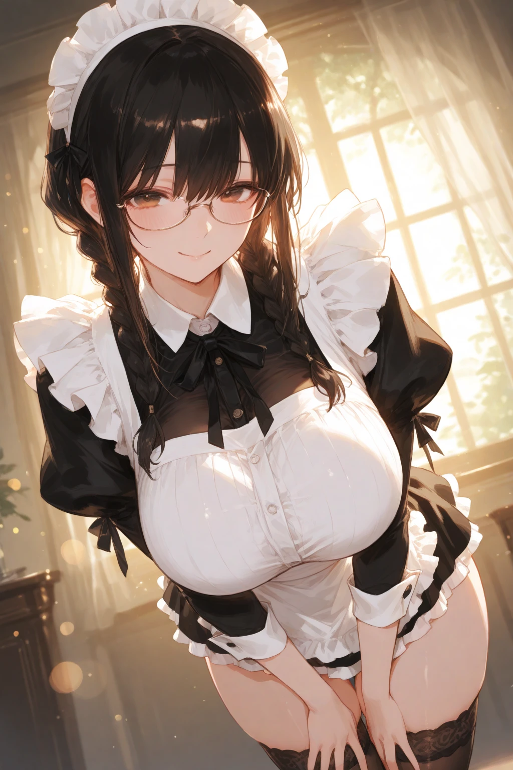 {{masterpiece}},high quality, 4K, 2D,1 girl,{simple gray background},(45 year old woman,mature female:1.5),standing,(sagging breasts:0.4),(gigantic breasts:1.3),(maid:1.5), black hair,(chignon:1.2),1 braid,impossible clothes, {from right in front of face and body},{front facing shot},Wear glasses,(curtsy:1.5)