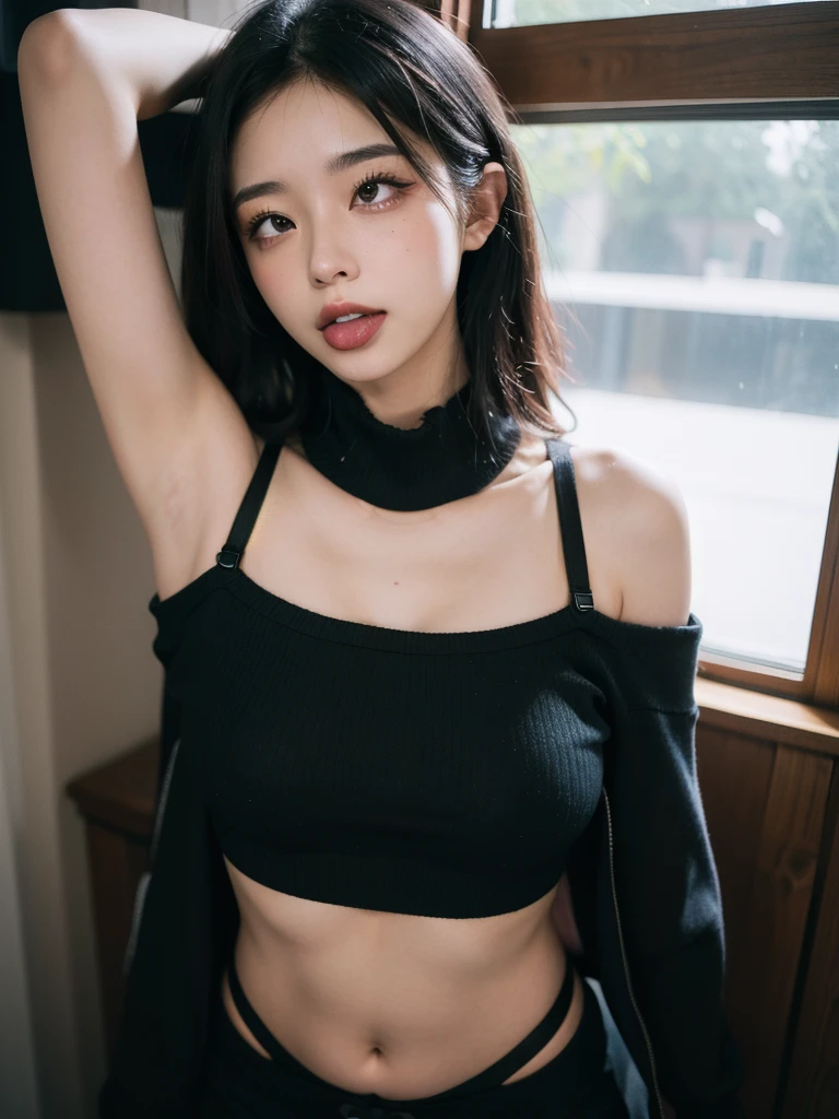 Sexy woman, thick, braided hair, lustful look, sultry pose, medium chest, cleavage, hands on her hip, crop top, miniskirt