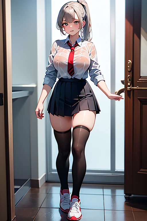 masterpiece, highest quality, High resolution, high resolution, one girl, alone, angle from below, skirt, white shirt, exposed, Her shirt is rolled up and her breasts are exposed., fluffy, cleavage、nipple, difficult, gray hair,Pleated skirt, socks, Black skirt, long hair, long sleeve, bangs, school uniform, Black socks, Dress , smile, sweaty, soaking wet, transparent, thin clothing, skirt fluttering in the wind, リフトアップskirt, crotch line, hip line, beautiful leg line, Drops running down my legs, soaking wet lower body, wet waist, excessive crotch droplets, Three-dimensional body parts, underwear exposed, realistic skin texture, focused on feet, kneel down, spread your knees, bright room,  lighting from below,, butterfly hair ornament、I&#39;m not wearing underwear、I&#39;m not wearing a bra、I&#39;m not wearing pants、Thin pubic hair is fully visible、nippleも丸見え、No clothes are worn from the chest down、Completely naked、naked、not wearing any clothes、Stand with your legs straight、I&#39;m not wearing anything on my legs、exposed bare skin、skirtを捲り上げてPubic hair exposed、skirtを手で上げている、Pubic hair exposed、skirtを手で上げている、Pubic hair exposed、Breast exposed、