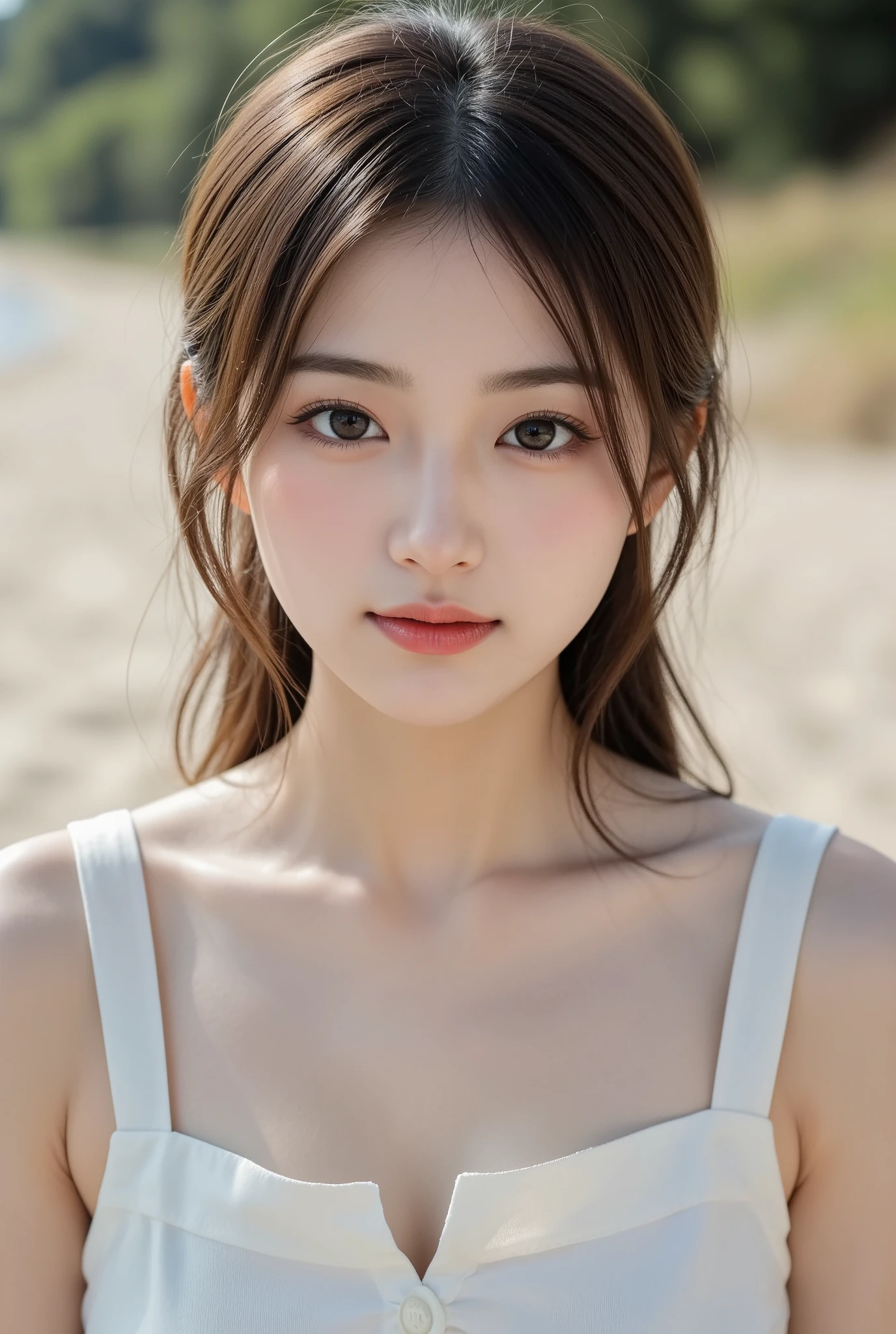 (8k, Highest quality, masterpiece:1.2), (Realistic, photo-Realistic:1.37), Very detailed, 1 girl,cute, alone,Beautifully detailed skies,date,(Red Nose),(smile:1.15),(Mouth closed) ,Beautiful details, (Long Hair:1.2),Floating Hair NovaFrogStyle, Upper Body, Tank top