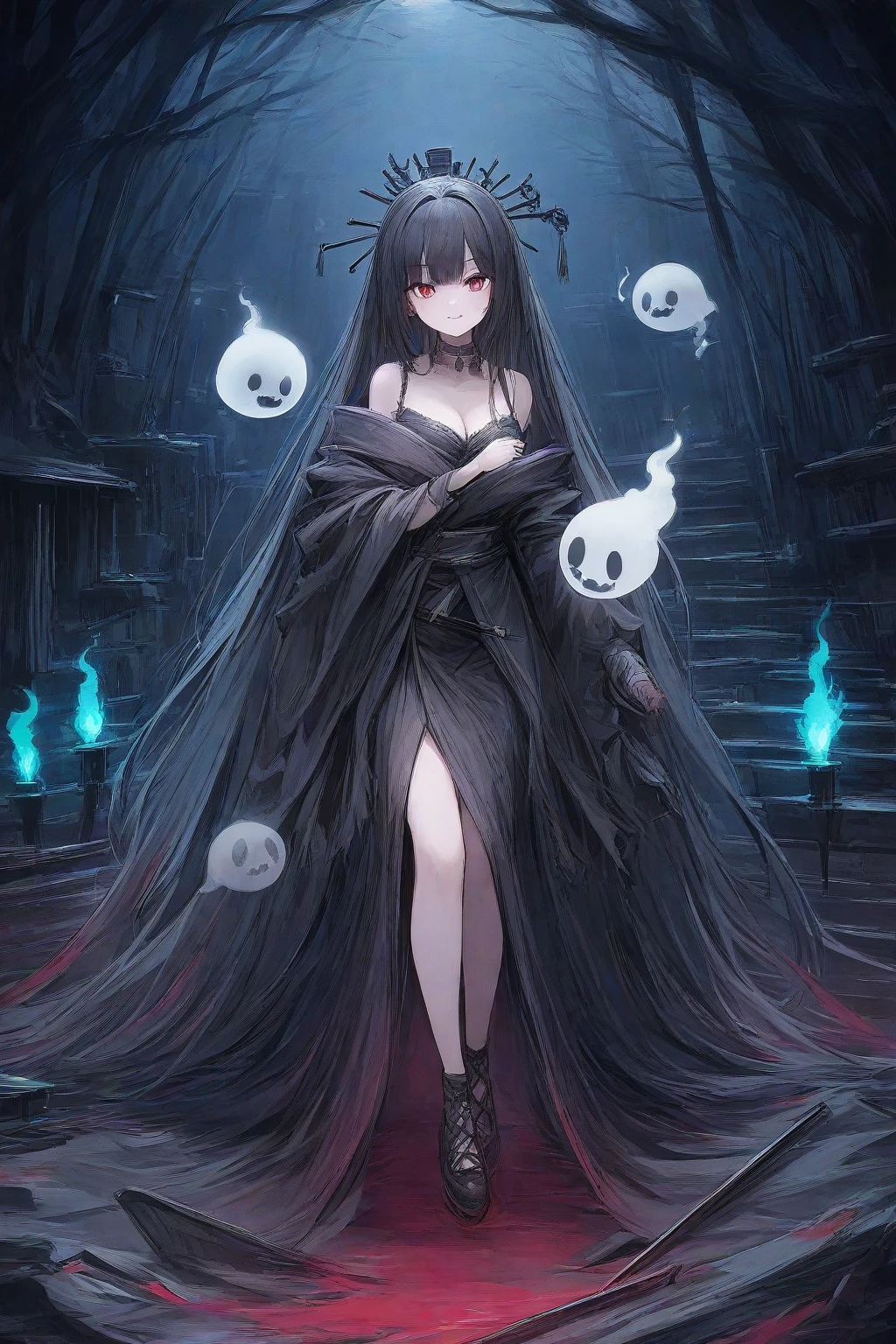 (masterpiece、highest quality、Super detailed)、1 girl、grin、Ghost body、long arms of creatures、(Blood)、(ghost creature body)、(詳細なghost creature body)、beautiful and detailed face、detailed eyes、(black skin) 、Insanity、shining eyes、translucent clothes、(gray theme)、