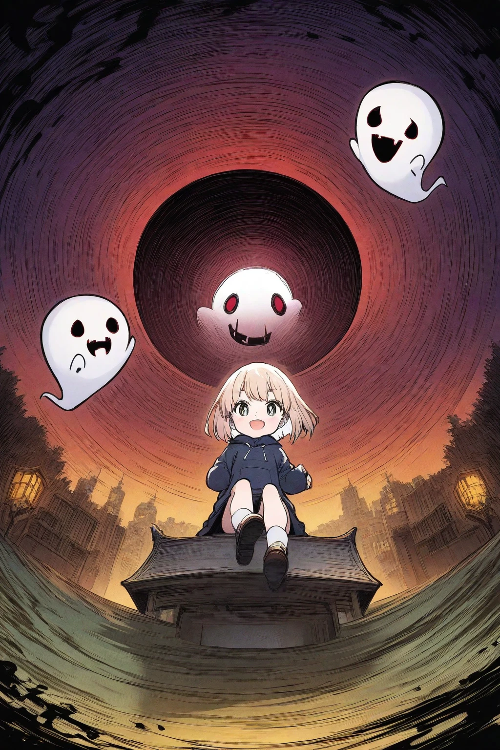 masterpiece, Highest quality, Explore a haunted theme park, haunted by cute chibi ghosts, cute, Whimsical, Shine, Shineing, fun, Stupid, Mysterious, Magic, Mysterious, funny, interesting、Only ghosts