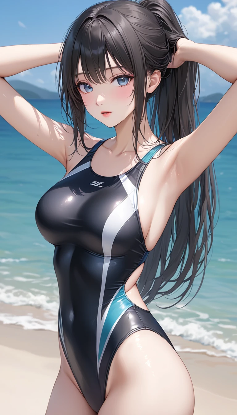In the captivating image, a 13-year-old Japanese girl wearing a swimsuit stands before you, her highest quality representation offering an astonishingly realistic experience. Anatomically correct and meticulously detailed, her figure boasts ample curves with big breasts and a generously proportioned behind. The thighs, wide open to the left and right, accentuate the allure of her swimsuit-clad figure, inviting the viewer to gaze upon her in admiration. Her super realistic expression captivates you, as if she is directly engaging with you. The image, rendered in the highest image quality, showcases every intricate detail, leaving you mesmerized by this young beauty.