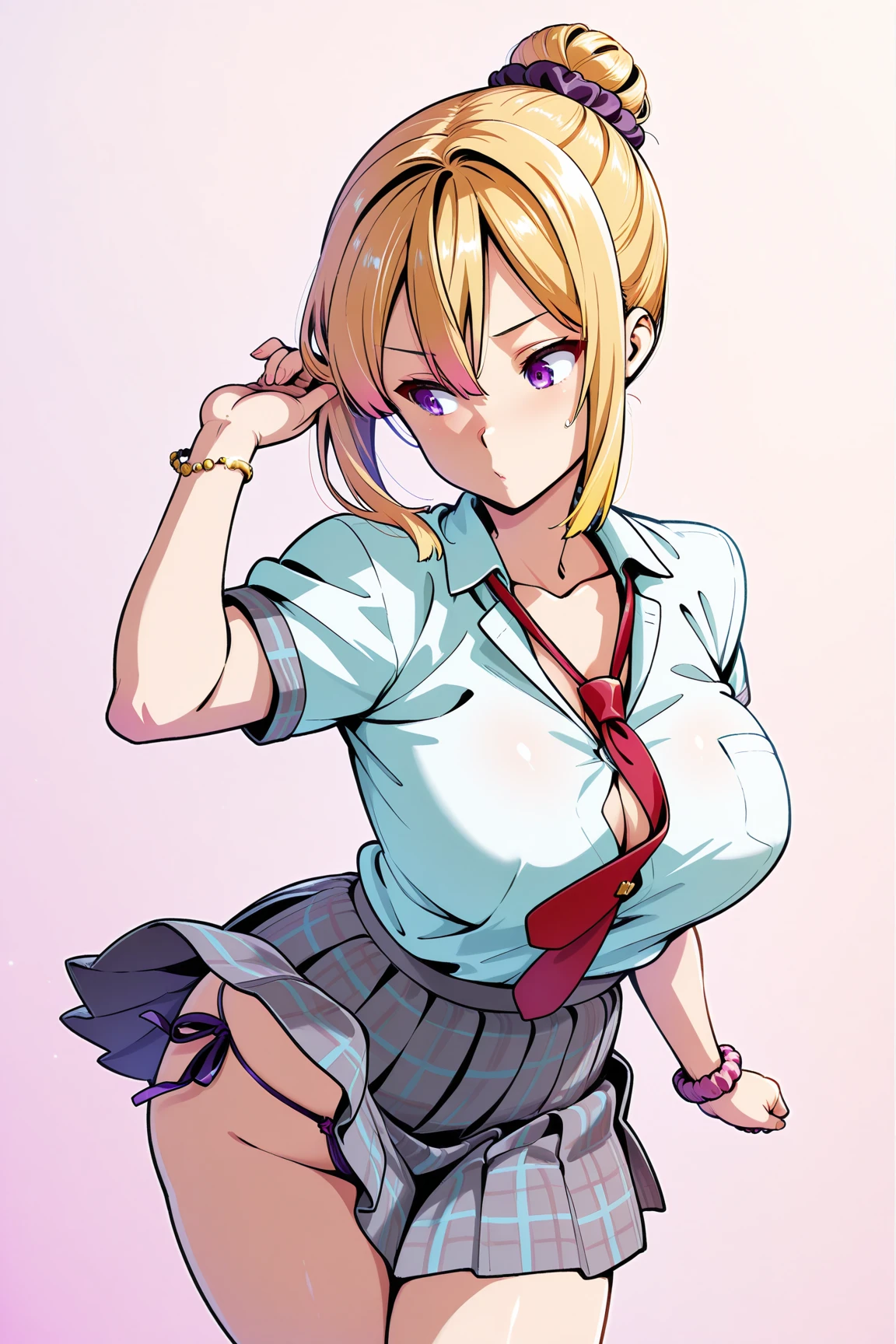 ((sexy girl ,gyaru))nsfw,glamorous, blushing, flushed face, looking down, slutty bodycon outfit, (hair over eye), dark skin, blonde, school outfit, panties,
