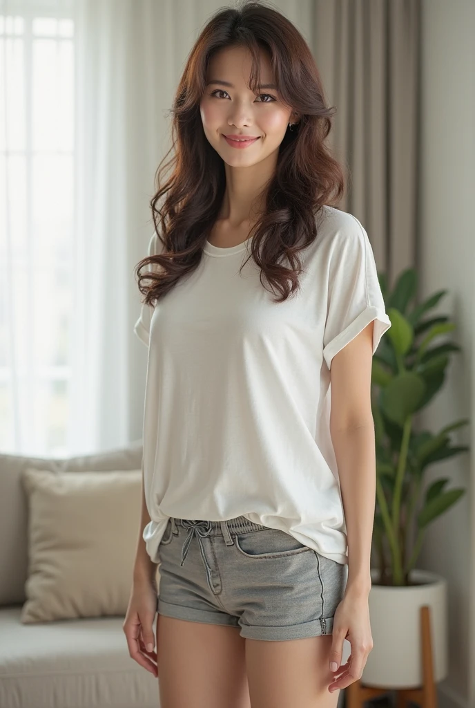 (Sit in the center of the living room:1.2)、30 year old young woman、(Depicted in 8K with the highest quality footage:1.2)、She combines cuteness and beauty、Beautiful detailed style、(Oversized T-shirt and shorts:1.2)、A bright smile spreads across that beautiful detailed face.、Beautiful detailed eyes shine、Her double eyes further enhance her charm.、 (Beautiful brown hair:1.2)、Swaying in the wind and dancing lightly、Make its beauty even more prominent、(She sitting on the sofa:1.3)、Welcoming viewers in a relaxed manner、(The viewer looks down from above:1.2)、Her presence is as if(Masterpiece:1.2)、It is spreading as a sight like、 Around her、A comfortable space、You can feel the warmth of the living room、Her big T-shirt and shorts、Symbolizes a relaxed atmosphere、This video is、It conveys her charm to the fullest in 8K quality.、Viewers were captivated by her beautiful detailed style and smile.、