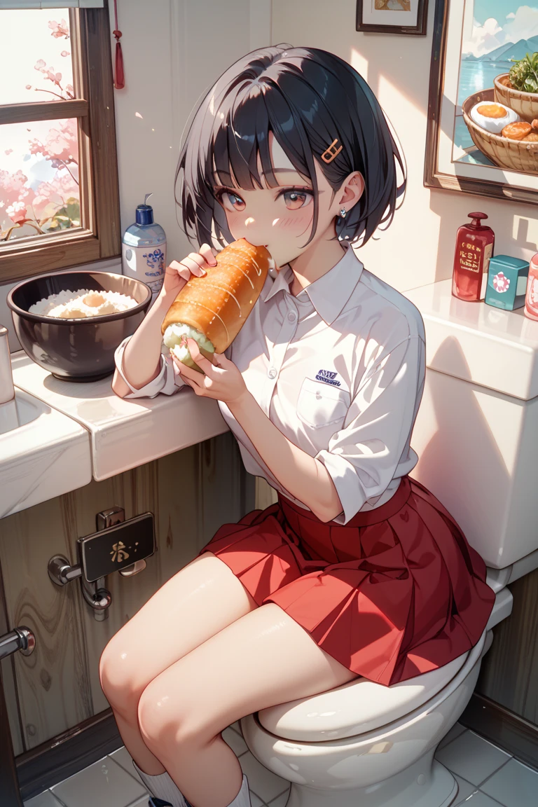 A poor housewife slurping on instant noodles in a messy, trash-filled house