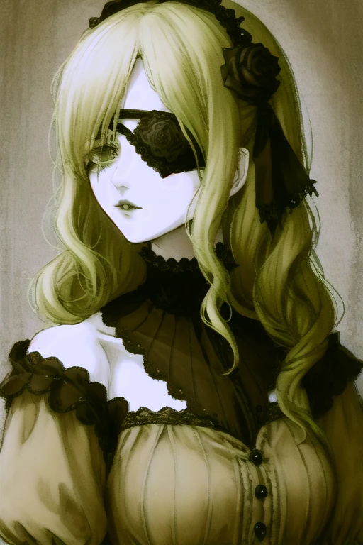 (Highest quality:1.2), (a beautiful gothic woman:1.2), (Edwardian style:0.9), (Sweet Harajuku style:0.4), (Rococo style:0.6), (solo:1.3), (white-khaki wavy hair:1.2), (face close-up:0.0), (upper body shot:1.2),  (rose motif eye patch for one eye:1.1), (short bangs:1.2),