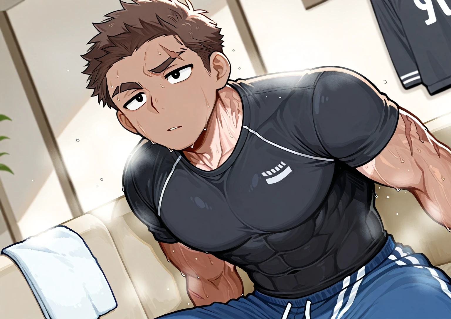 Ash Ketchum and from Pokémon flexing his biceps in a coach's office at the coach's orders under hypnosis with glowing red eyes as he grows into big dumb sweaty hairy muscular football jock bro. Flat top buzzcut haircut. Hyper muscles. Massive muscles. Big biceps. Big triceps. Big traps. Broad shoulders. Big pecs. Bulging crotch. Hyper crotch bulge. Dumber and dumber. Blank stare with open mouth while saying, "I am a dumb jock.... I obey.... Dumber and dumber.... Yes, Coach.... I'm your player, Coach. Whatever you say.... Dumb jocks must obey.... Flex, ... grow, ... and obey.... Huhuhuhuh...." Slumped shoulders. Hypnosis. Brainwashing. Bigger and dumber jock bro. Assimilation. Transformation into big dumb muscular jock bro. Slumped shoulders. Massive crotch bulge. Bulging glutes. Thick stubble. Hairy armpits. Repeating triggers to be dumber and dumber each time he says them to think and focus only on growing muscle and being the perfect football jock. Dimwit. Dullard. Bro. Stupid. Musclehead. Mass hypnosis. Entranced.