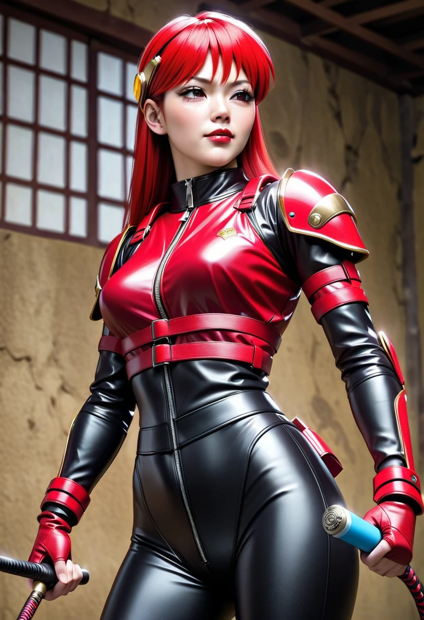 1 teenage girl. Slim body. Girl Kamen rider. Dragon styled kamen rider. Red and black female kamen rider suit with cleavage. Dragon styled full face kamen rider helmet. No face exposed. No hair exposed. Kamen rider belt. Standing pose. Red light background.