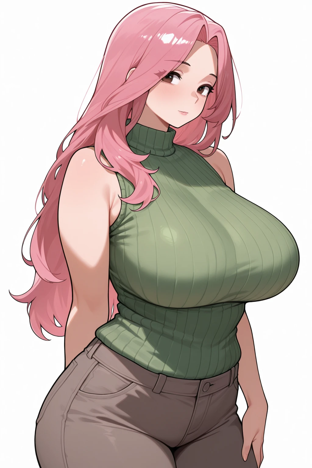 (masterpiece), (best quality), realistic, photorealistic, highly detailed, absurdres, very aesthetic, soft light, 1girl, adult woman, mature, huge breasts, (pink hair:1.2), long hair, (green eyes:1.1), (black sweater:1.2), (black lace panties:1.1), smile, indoors,