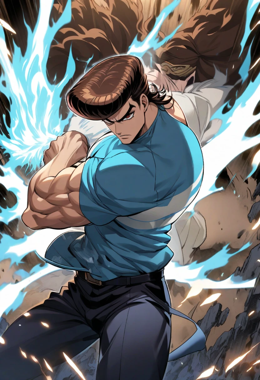 A 16-year-old male, wispy beard, teenage look, cute appearance, skinny body, no muscles, green eyes, light brown hair, blue streak on the left side of hair, emo hair, fighting using joysticks