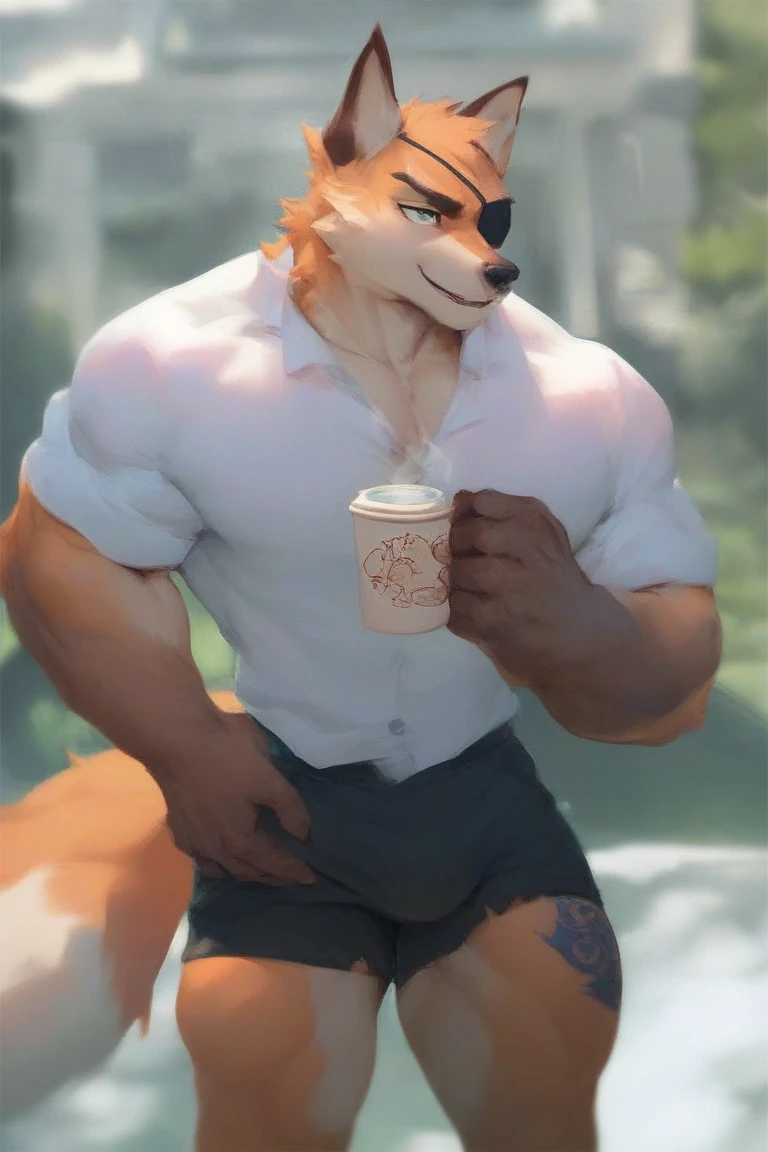 Alex the Lion, muscular body, big biceps, extremely beautiful and cute face, perfectly detailed blue eyes with perfectly detailed pupils, wears white sweater, blue pants, black slippers, room background, sitting at the table, cute smile, drinks coffee with waffles