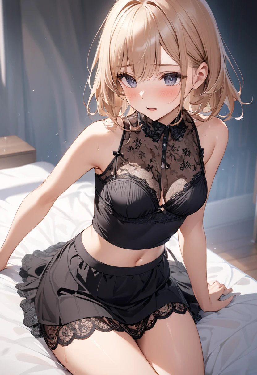 (masterpiece),(best quality),(ultra-detailed),(best illustration),(best shadow),(absurdres),(detailed background),(very aesthetic), 1girl, solo, mano sakuragi, brown eyes, brown hair, medium breasts, smile, hair ribbon, 32k, long hair, hair tie, very long hair, black stockings, black bra, lace trim, black sexy lingerie, sitting on bed,braid, hair over shoulder, black lace long gloves, stay-up stockings, garter belt,