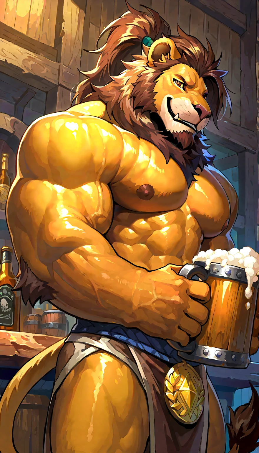 a man with a huge muscle, furry deer wearing ((pants and tank top)), brown furr, sitting in bar, ((muscular, sixpack)), happy, laugh, bearded , thicc, lowres, giant and muscular, danbooru and artstation, heavy detailed, insanely inflated hips, proportionally arms, commission for high res, detailed but rough, semirealistic:1.3