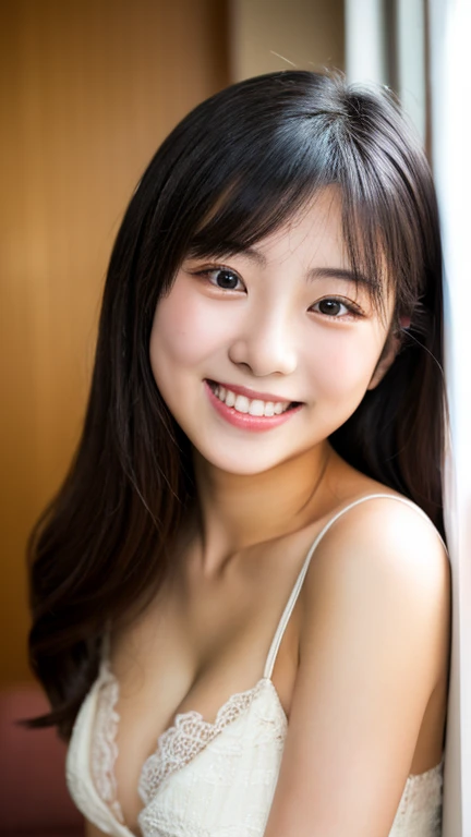 masterpiece,best quality,(Japanese ),((Beautiful girl)),cleavage,indoor,(perfect body beauty:1.2),(shy smile),beautiful teeth,