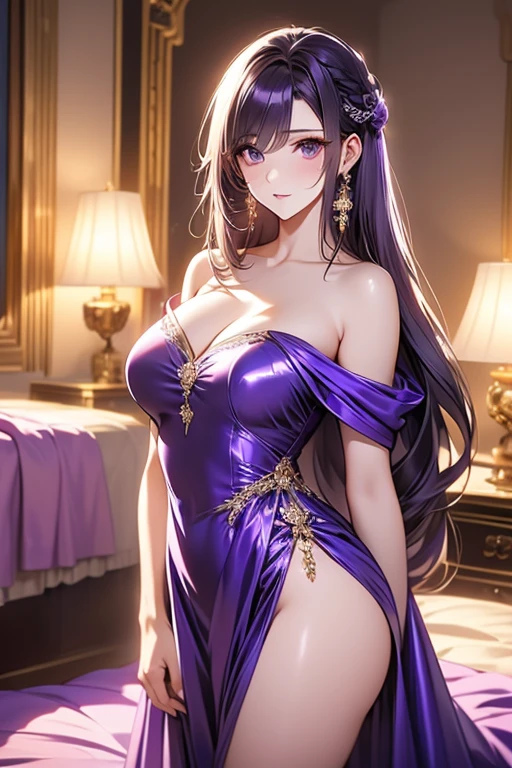 masterpiece:1.4,best-quality,Super Detail,Very Delicate and Beautiful, 29 years old beautiful woman, very gigantic breasts, very slender, dark purple ball gown