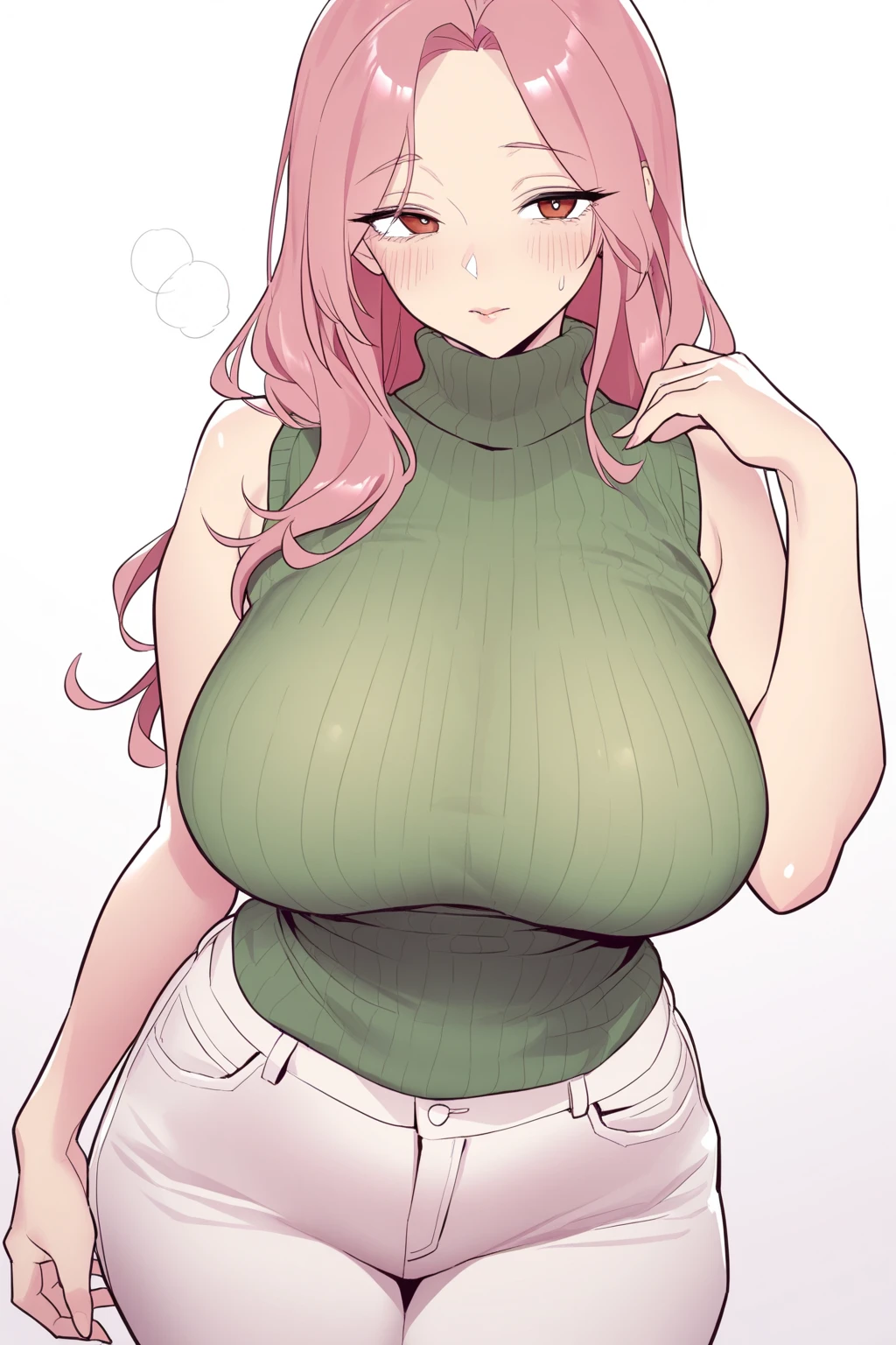 1girl, red_hair, green_eyes, huge_breasts, standing, solo, sweater, <lora:AboveBelowView:3>, masterpiece, best_quality, detailed_face, detailed_eyes, highres, beautiful, detailed, absurdres,