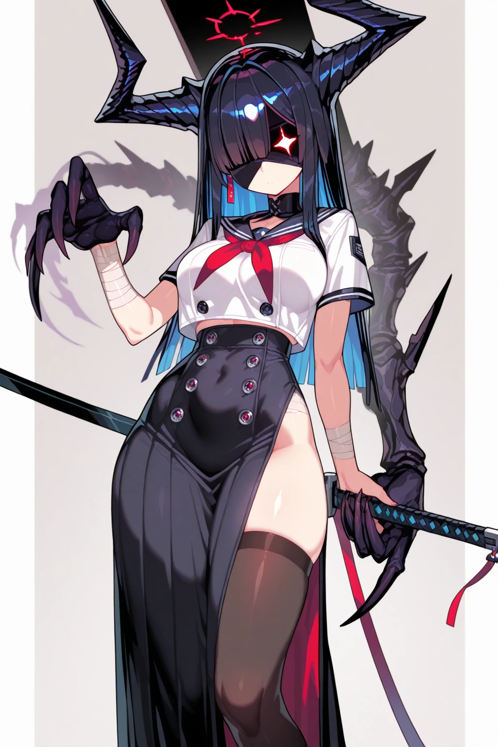 (Highest quality),Japanese,Long Black Hair,Hime cut,Pussy,Nipples,Very flat chest,Very thin body,White tank top,Leather skirt,boots,Gloves,Elbow Guard、suspenders