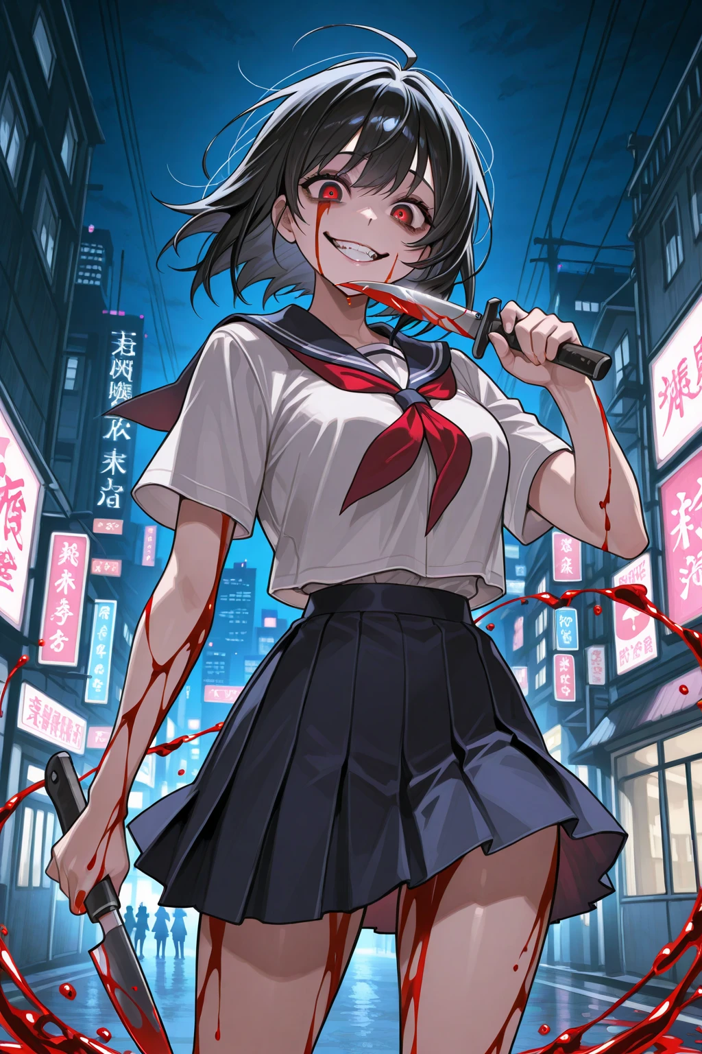 (masterpiece, top quality, best quality, official art, beautiful and aesthetic:1.2), baseball bat , night, dark,alley, angry, streaked multicolored hair, blood splatter, blood on clothes and face, horror, <lora:more_details:0.4> <lora:yameroyandere-v2:0.5> crazy smile, crazy eyes,