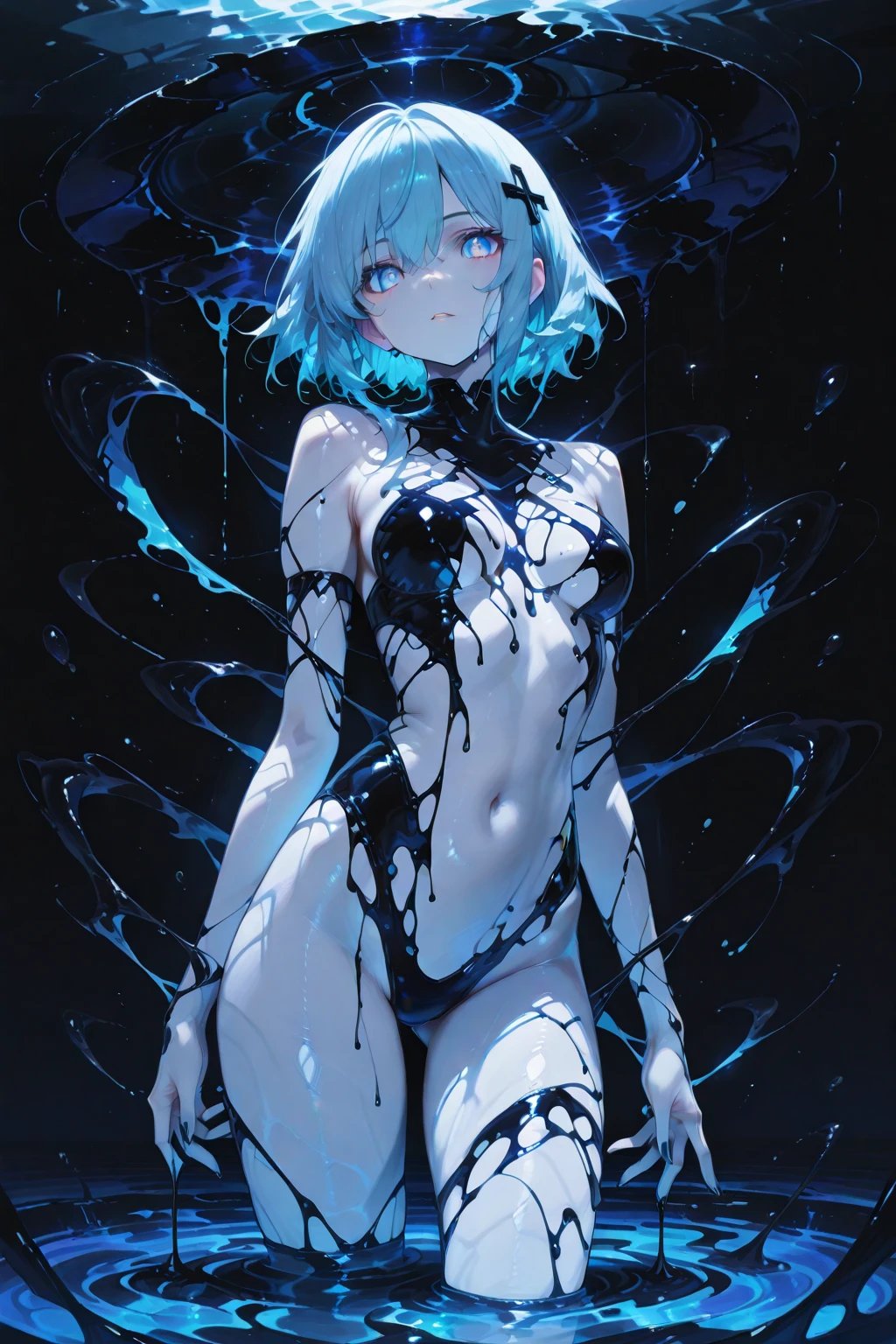 (masterpiece:1.3), (best movie quality), (extremely fine), (Eye on female genitals), (beautiful), (very detailed settings:1), (artistic lighting), (muddy white god々A sister covered in tattoos and covered in liquid、Name is「Nemo」), short blue haired, (eye+yellow+red:1.4), (multicolored eye+heterochromia), 24-years-old, Now、For the important squirting day before the 7th World War that is coming up the day after tomorrow.、I have sex all day and squirt from the vagina between my penises., I'm excited and my clitoris is sticking out, Beautifully shaped, large breasts and small nipples, wearing cyberpunk clothes, Development of ultra-futuristic SEX technology, The room of an engineer at the cutting edge of scientific research around the year 3200 (The robots around me are the best masterpieces), (After the end of World War VI、There are very few surviving humans、「Nemo」looks at the man、White god with mud from the female genitals々Fresh liquid overflows), (「Nemo」Instead of getting stronger by inserting a penis into the vagina、I always climax and squirt),(lewd), (「Nemo」A thick white mess comes out of the female genitals of々The new liquid is、It smells very good and is sweet like honey.、It also has the power to heal wounds、「Nemo」can be freely manipulated),