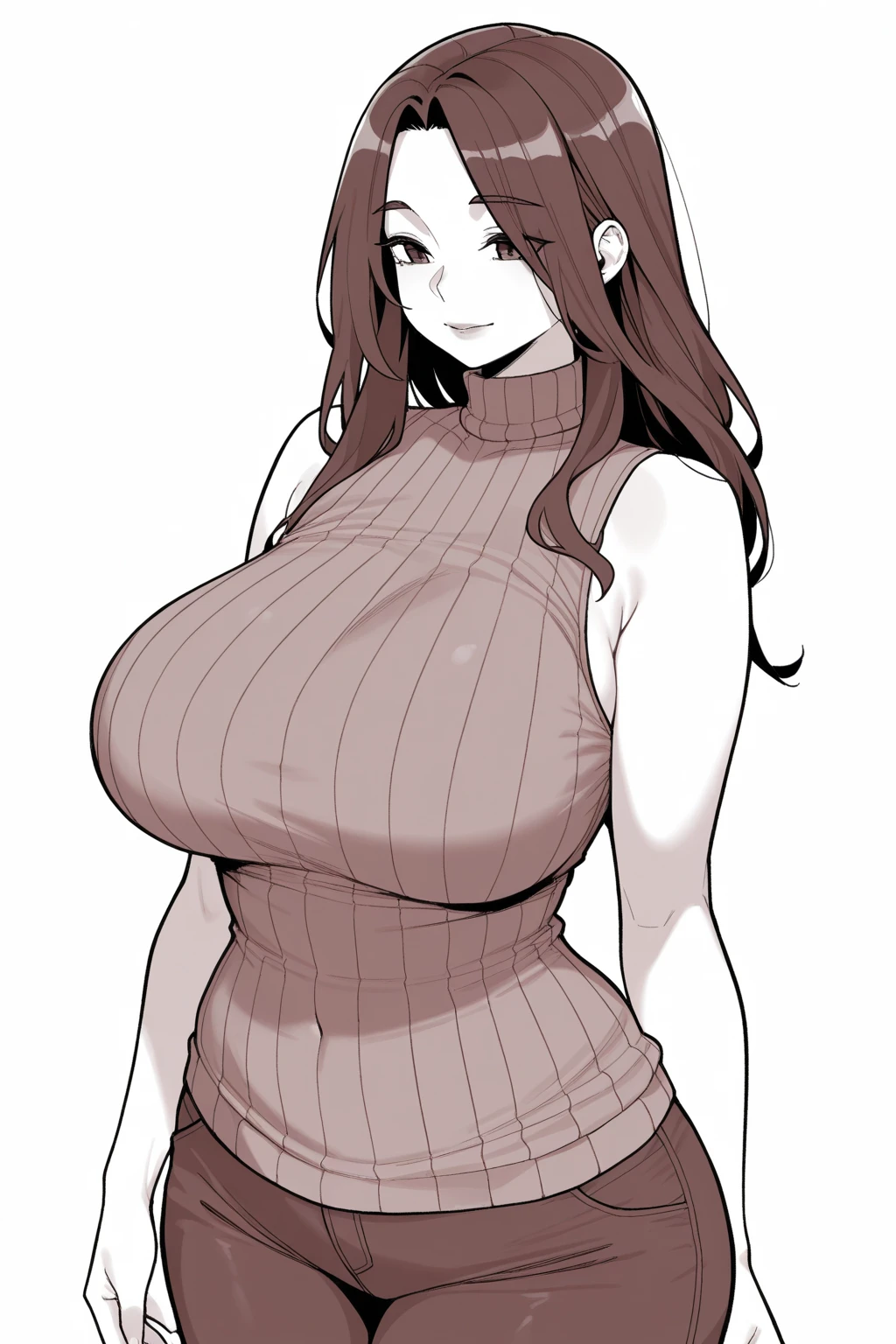 (beautiful detailed eyes:1.5, beautiful detailed face:1.2, beautiful detailed hair), Murrue Ramius, a woman, red eyes, blush, milf, wife, sexy, Curvy, (brown hair, long hair, bangs), (sagging large breasts:1.5), (negligee:1.5, no bra), arms behind back, upper body, standing, (Perfect detailed Anatomy, beautiful detailed hair, perfect female body:1.2, shiny skin), (thick outline, Beautiful outlines, black outlines), simple background:1.5, Breasts on Glass