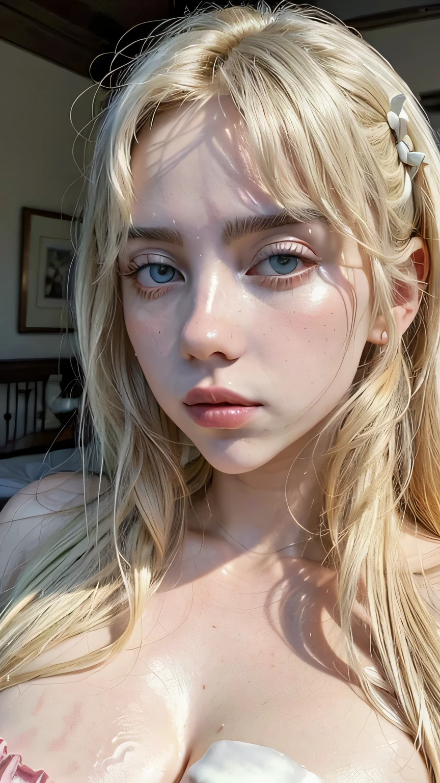 Beautiful work, a girl with long, blonde hair with green highlights and a curtain bang cut, sharp nose, freckles on the face, in pajamas, with slightly messy hair, taking a selfie with your tongue out